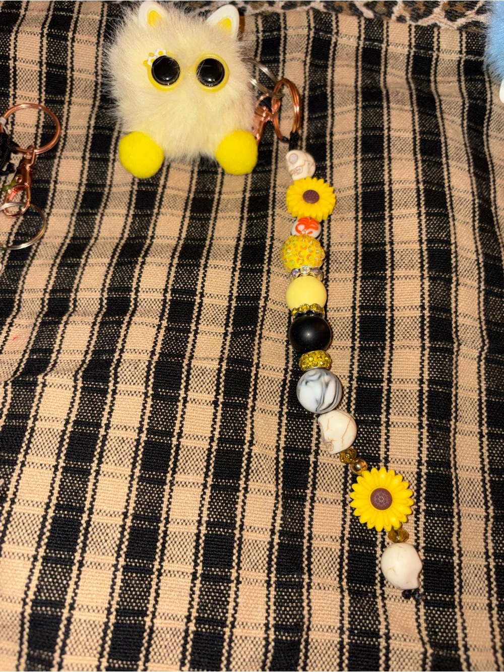 Yellow Fuzzy Cat Keychain Plush Charm with skeleton key chain